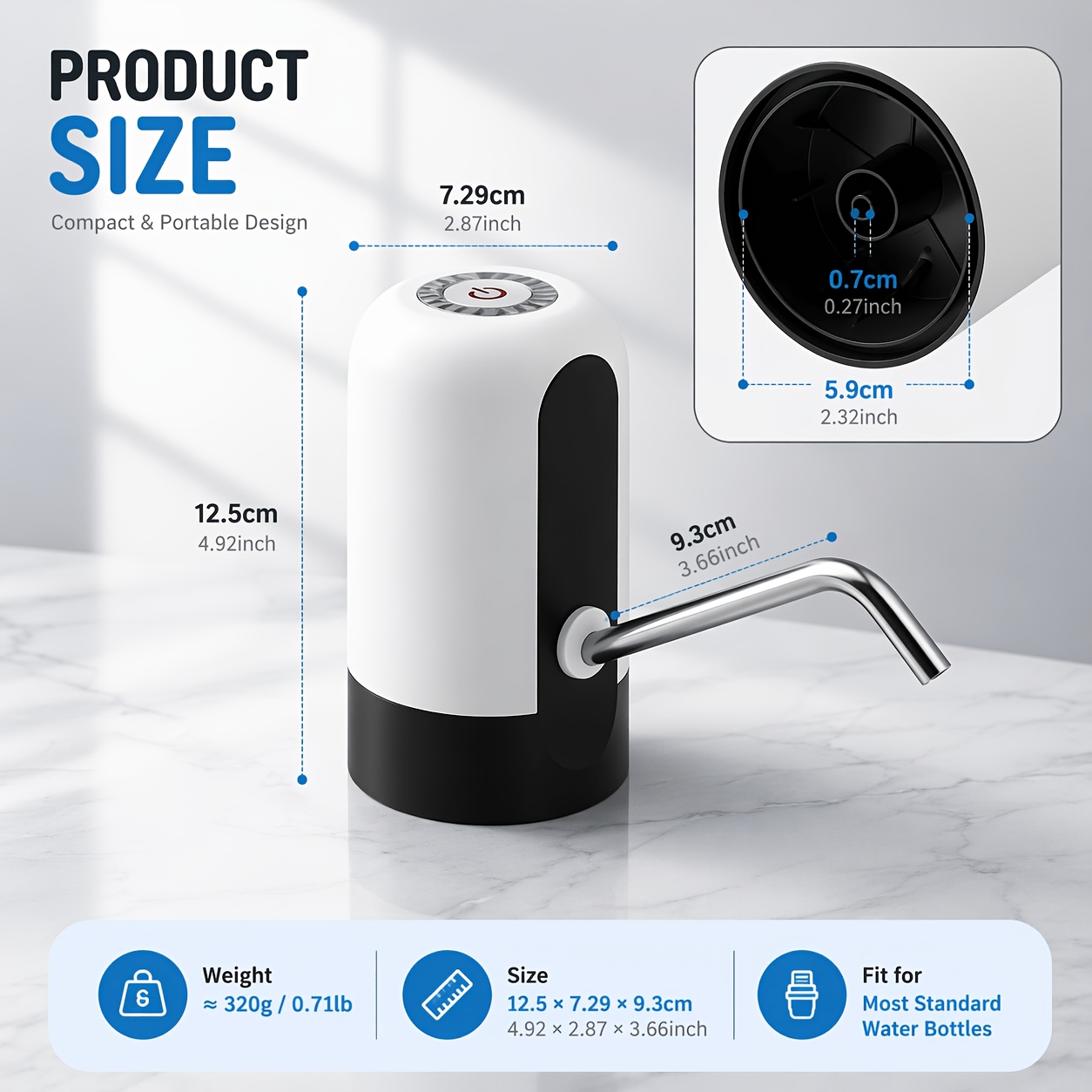 1pc Portable Water Pump For 5 & 10 Gallon Bottles, USB Dispenser, One-Touch Easy 2