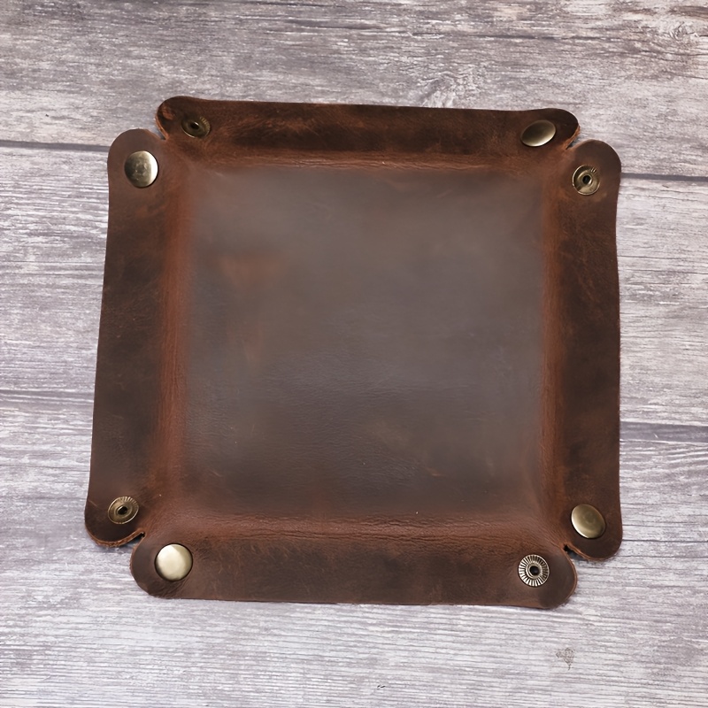 handcrafted   genuine leather square desktop organizer in deep brown featuring 4 snap closures and rounded corners this portable bedside desktop storage box serves as a versatile multi purpose organizer for keys wallets jewelry and small Product details 4
