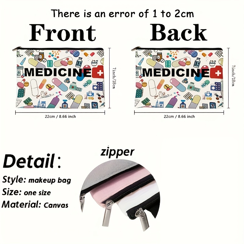 Medicine-Themed Canvas Travel Pouch - Zippered Cosmetic & Toiletry Organizer, Lightweight & Foldable, Beige with Colorful Medical Illustrations, Perfect Gift for Friends, Teachers, or Healthcare Professionals, Travel Toiletry Bag | Medical Theme | Zipper Closure
