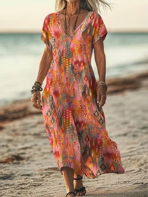 bohemian damenkleid mit fledermausärmeln - weiches stretch-v-ausschnitt a-linien kleid in mittellänge mit blumenmuster, maschinenwaschbares strandkleid für frühling sommer herbst, lässige sommerschleier, saisonale mode, nicht durchsichtiger stoff
