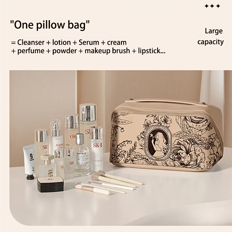 

Trousse de Maquillage Élégante en PVC Imperméable avec Motif Floral - Grande pour Voyage, Articles de Toilette et Cosmétiques - Pliable & Facile à Nettoyer - Marron , Trousse à Cosmétiques