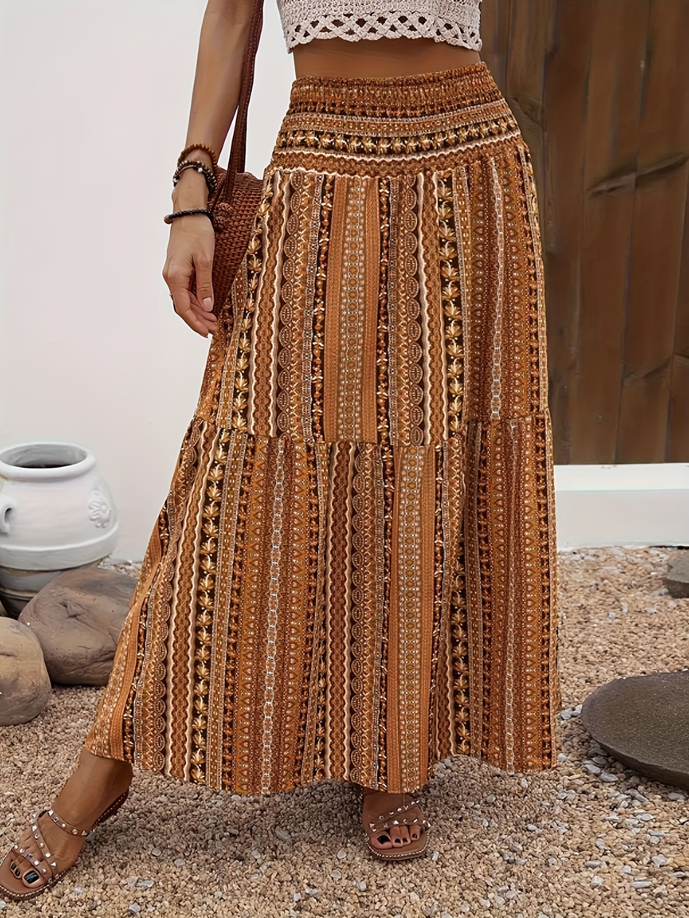 boho-chic black beige maxi skirt with intricate ethnic pattern