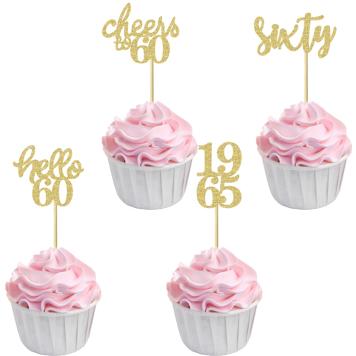 TEMU 24-pack Bamboo 60th Birthday Cake Toppers, Glittery 1965 Celebration, Hello60 Party Decorations, No Electricity Needed, Universal Holiday Use, Featherless