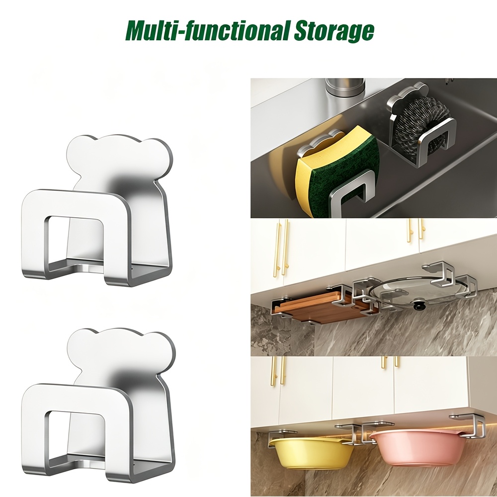 TEMU 2pcs Cute Bear-shaped Stainless Steel Kitchen Storage Boxes - Sink Sponge And Cloth Rack, Lid Hook, Wall-mounted Sticky Drain Rack, Suitable For