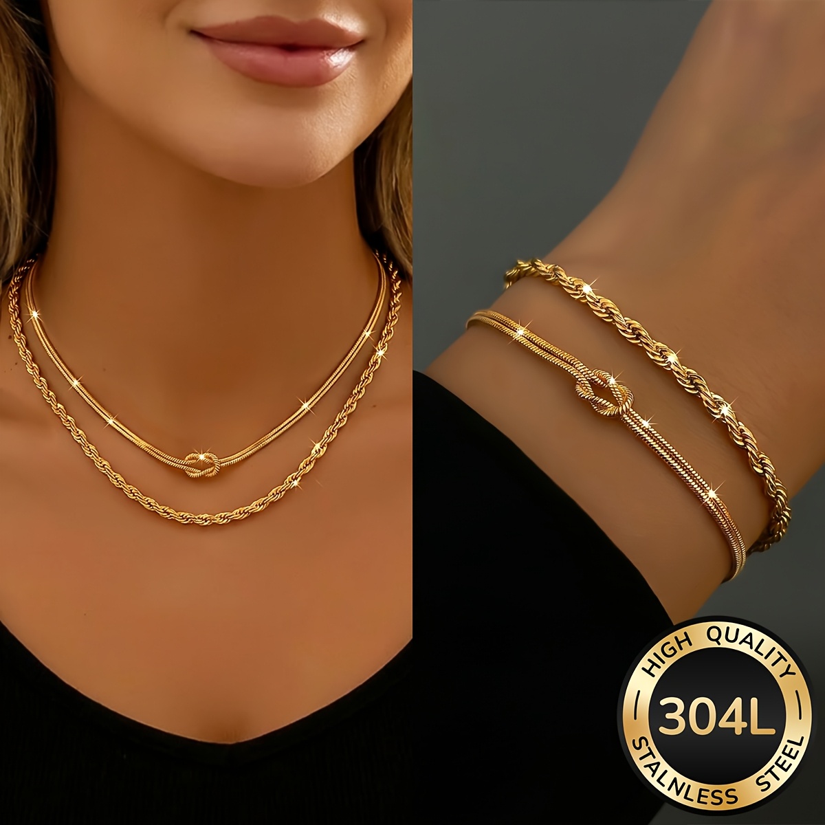 TEMU 4-teiliges Damen-Halsketten- & Armband-Set aus 18K vergoldetem 304L Edelstahl, wasserdichter farbbeständiger Damenschmuck, stilvolle elegante