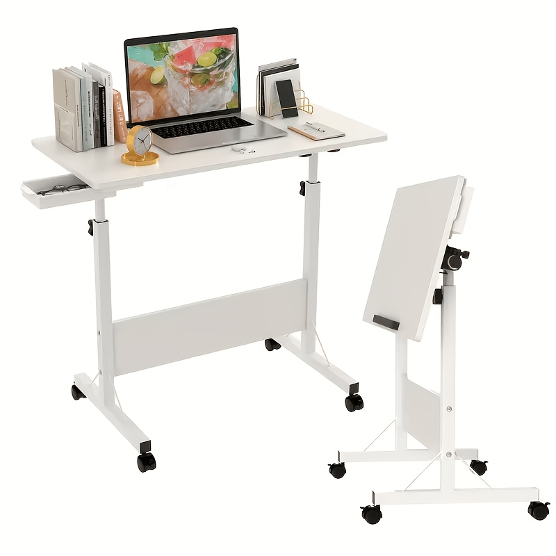 Adjustable Height Computer Desk, Home Office And Study Table, Bedside Lazy Small Table, With Wheels And Drawers For Storage