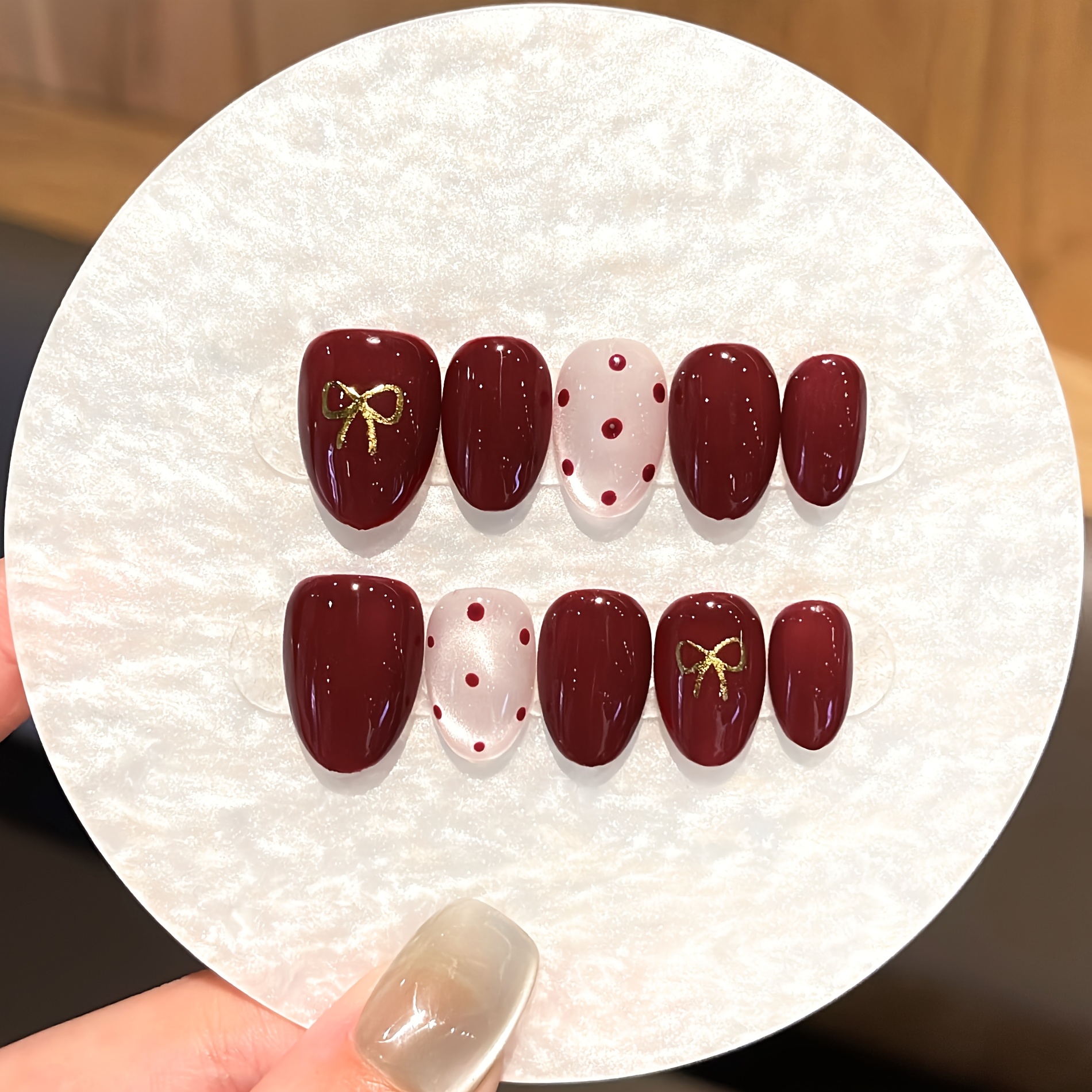 TEMU 10pcs Handmade Short Nail Pins, Sweater Texture And Cherry Red Plush Design | Easy Elegant Fake Nails | For Birthday, Party, And Daily Wear |