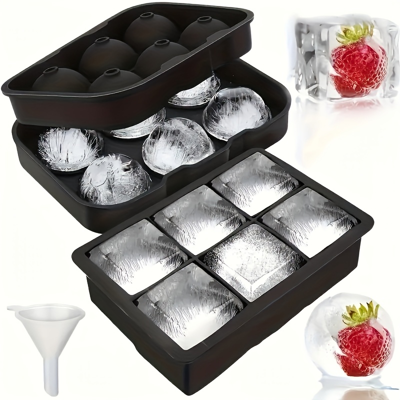 Silicone Cube Of Ice Tray Set - 2pcs, Large Square And Spherical Molds, Suitable For Whiskey, Cocktails, And Beverages, Flexible And Kitchen Tool