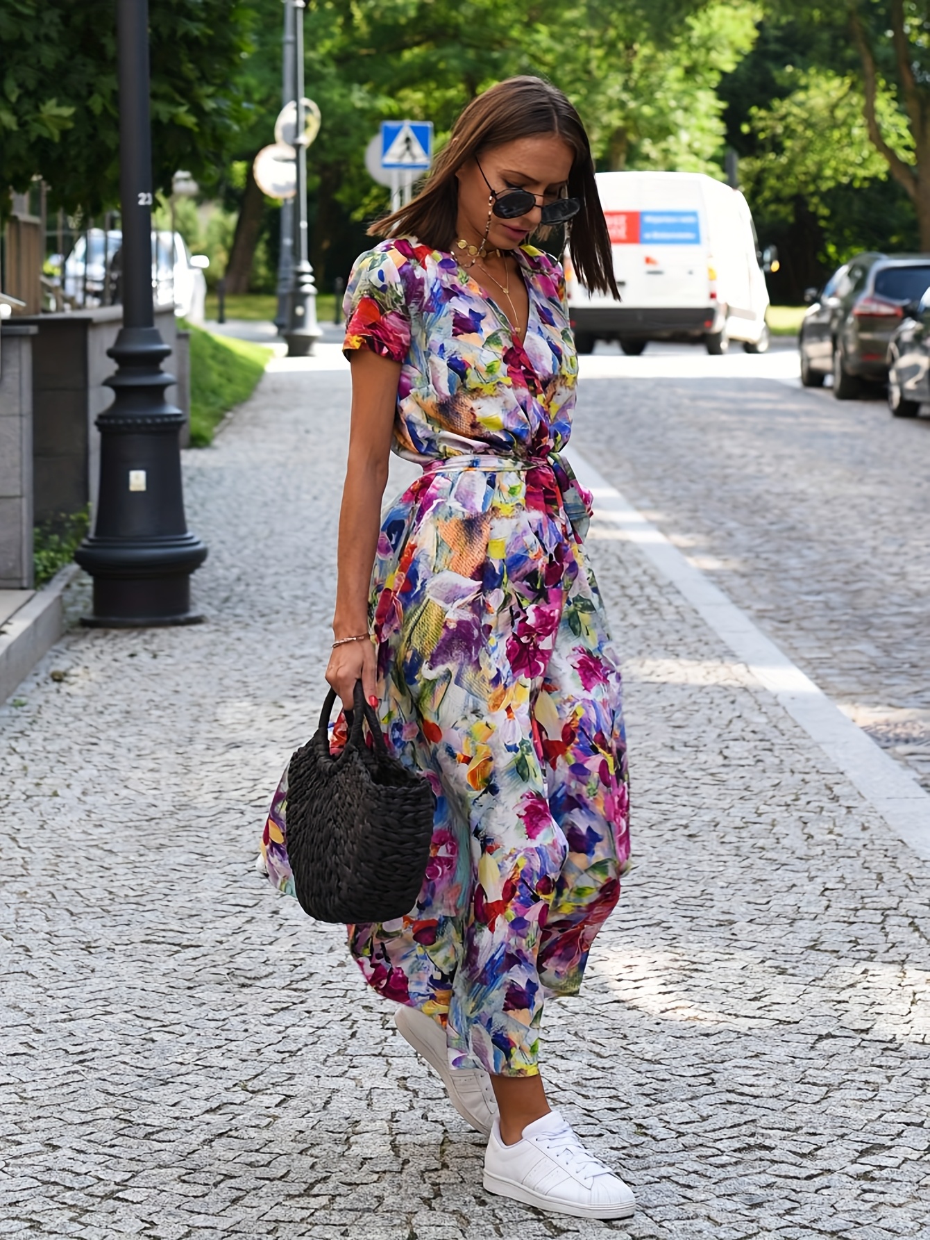 Women's Boho Floral Maxi Dress Sexy Deep V-Neck with Off-Shoulder Strap,  Flattering Fitted Waist Ruffle Hem, Vibrant Large Flower Print Bohemian S