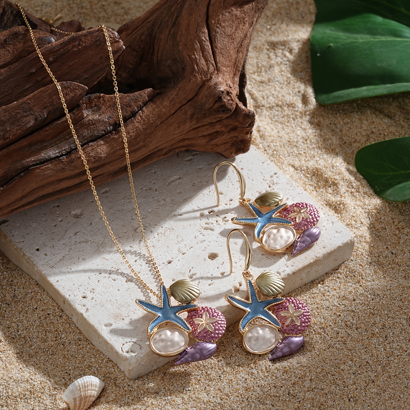 Ocean Themed Jewelry Set with Starfish Necklace and Earrings