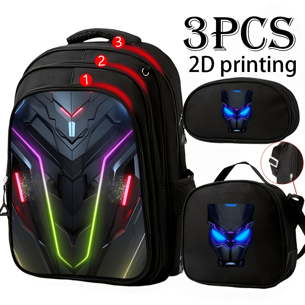 TEMU 2d Printing 3pcs Backpack Bundle, Futuristic Neon Robot Theme Large Capacity Multi 3- Layer Travel Bag With Matching Crossbody Carrier &
