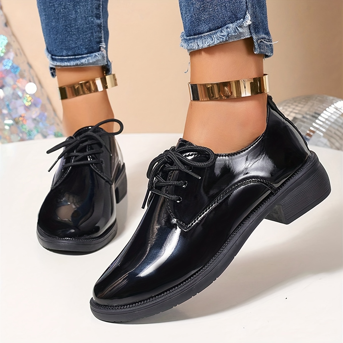 Women's Black Patent Lace-Up Oxford Flats Versatile Spring/Autumn Fashion  Shoes with Fabric Lining and Rubber Sole