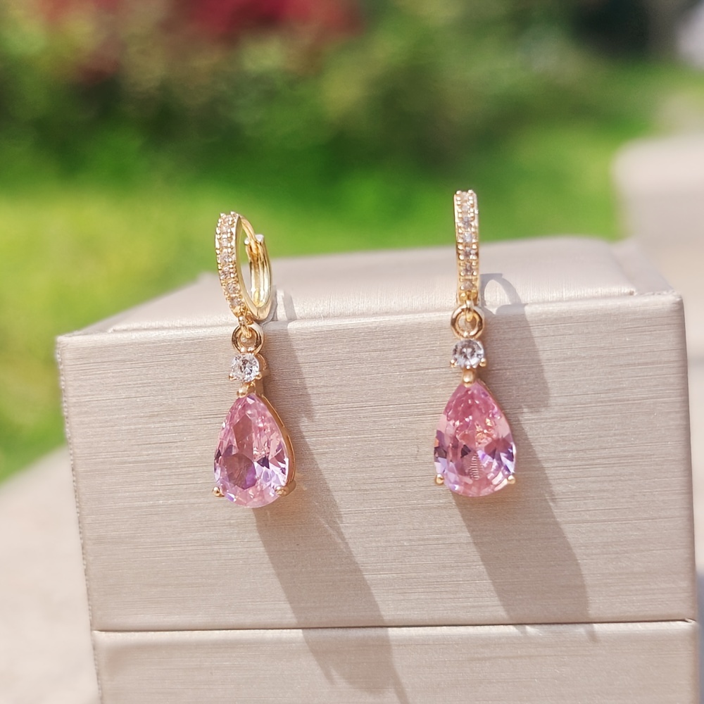 

Elegant Pink Teardrop Dangle Earrings - Copper With Cubic Zirconia, & Weddings, For Wedding