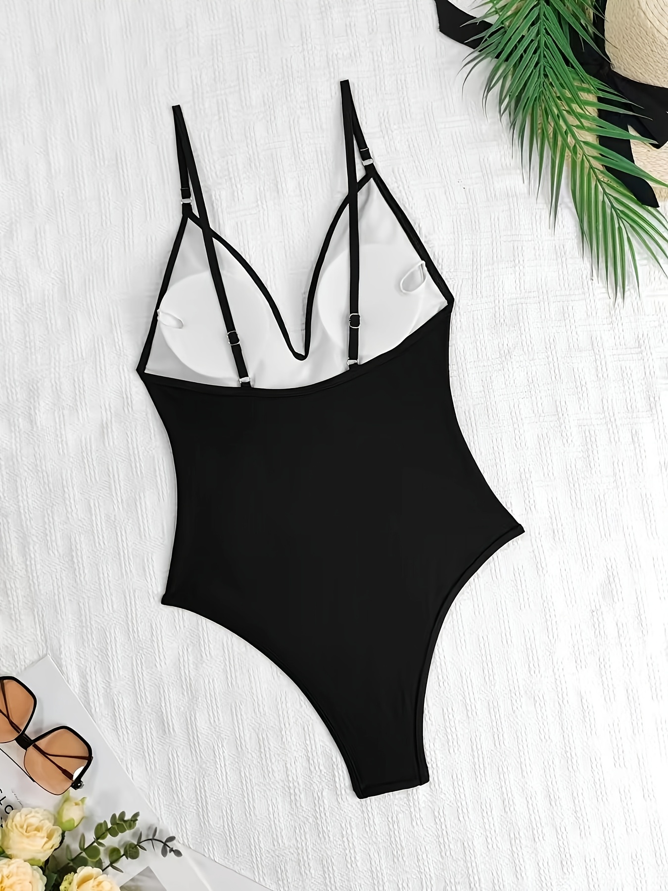 New Black One-Piece Swimsuit for Women, Sexy European And American Style with a V-Neck, Backless, Off-Shoulder Design, Perfect for Hot Springs, Surfing, Diving, Vacationing, And Beach Outings.