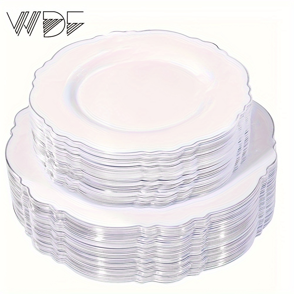 

A Set Of Baroque-style Silvery Plastic Plates For Upscale Parties And Weddings, Including 50 10.25-inch Plastic Dinner Plates And 50 7.5-inch Salad Plates.