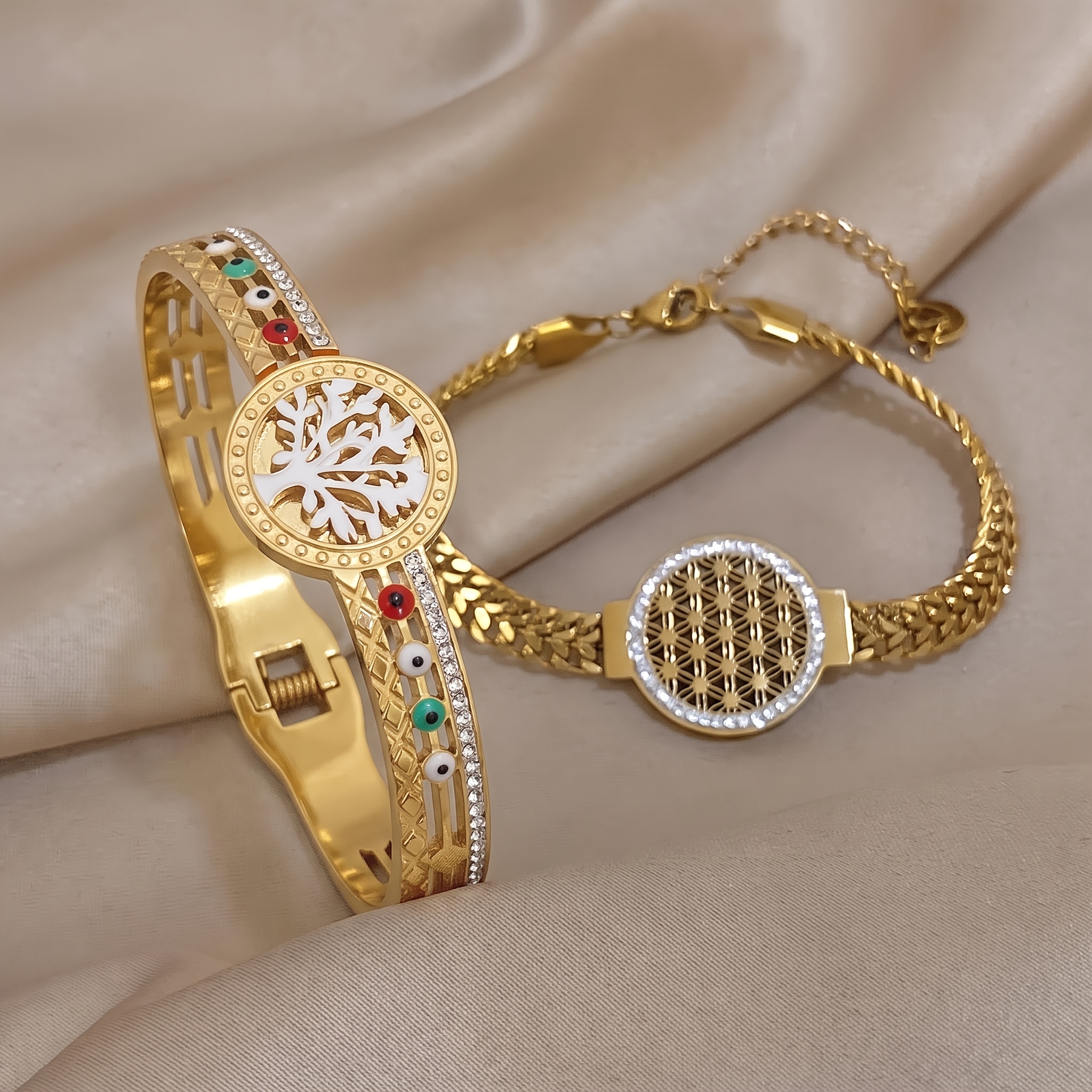 2pcs Unisex 18K Golden Plated Bracelet and Bangle Set, Artistic Style