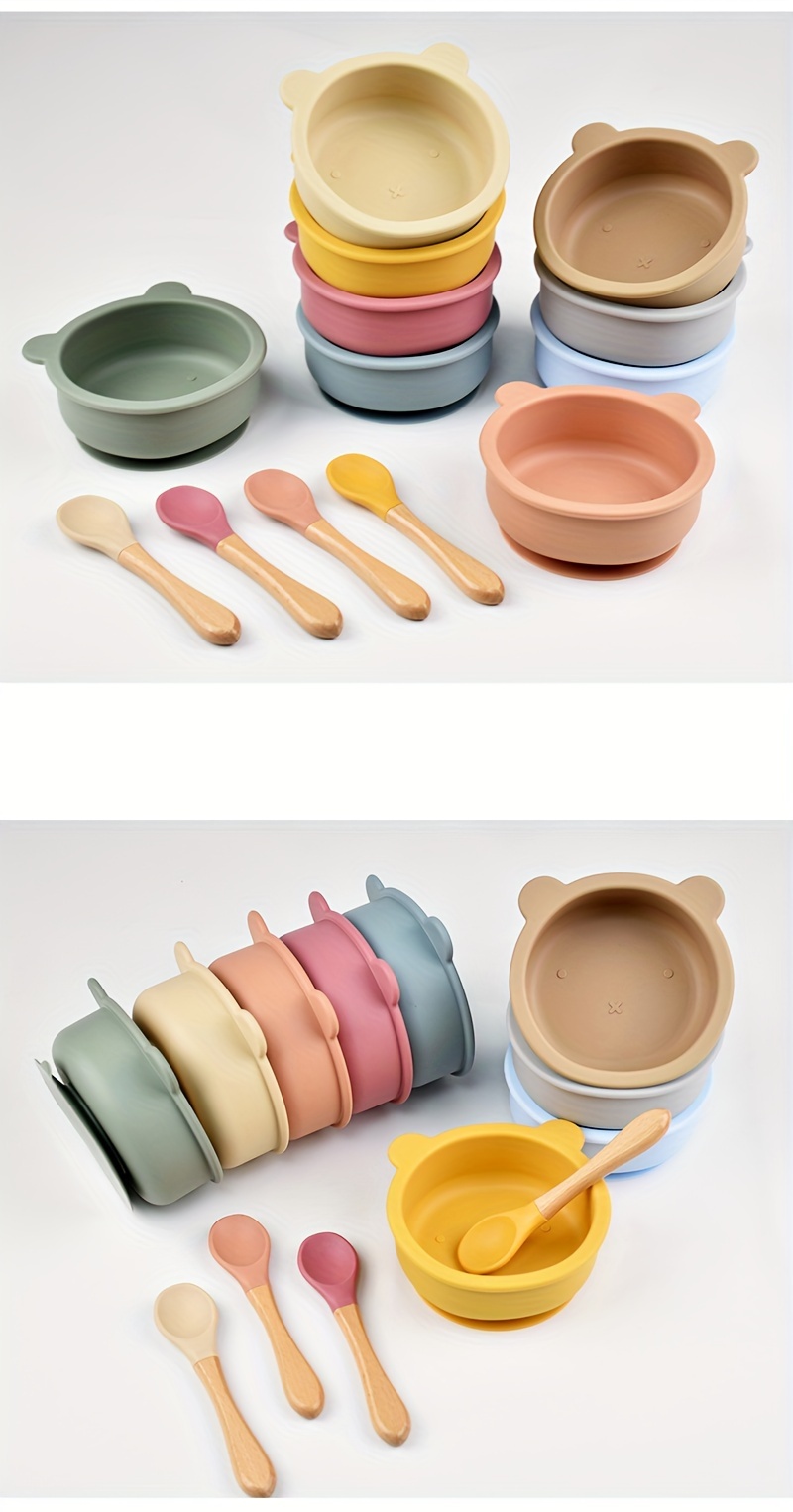 2 piece baby feeding tableware food grade silicone suction cup bowl wooden handle baby food spoon childrens baby food set does not   bpa details 3