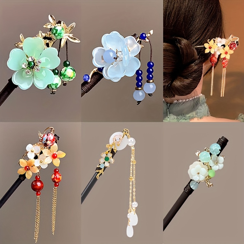 TEMU 5pcs Handmade Wooden Elegant Tassel Hairpins, Vintage Ladies' Flower Hairpins, Traditional Qipao Jewelry Hair Accessories