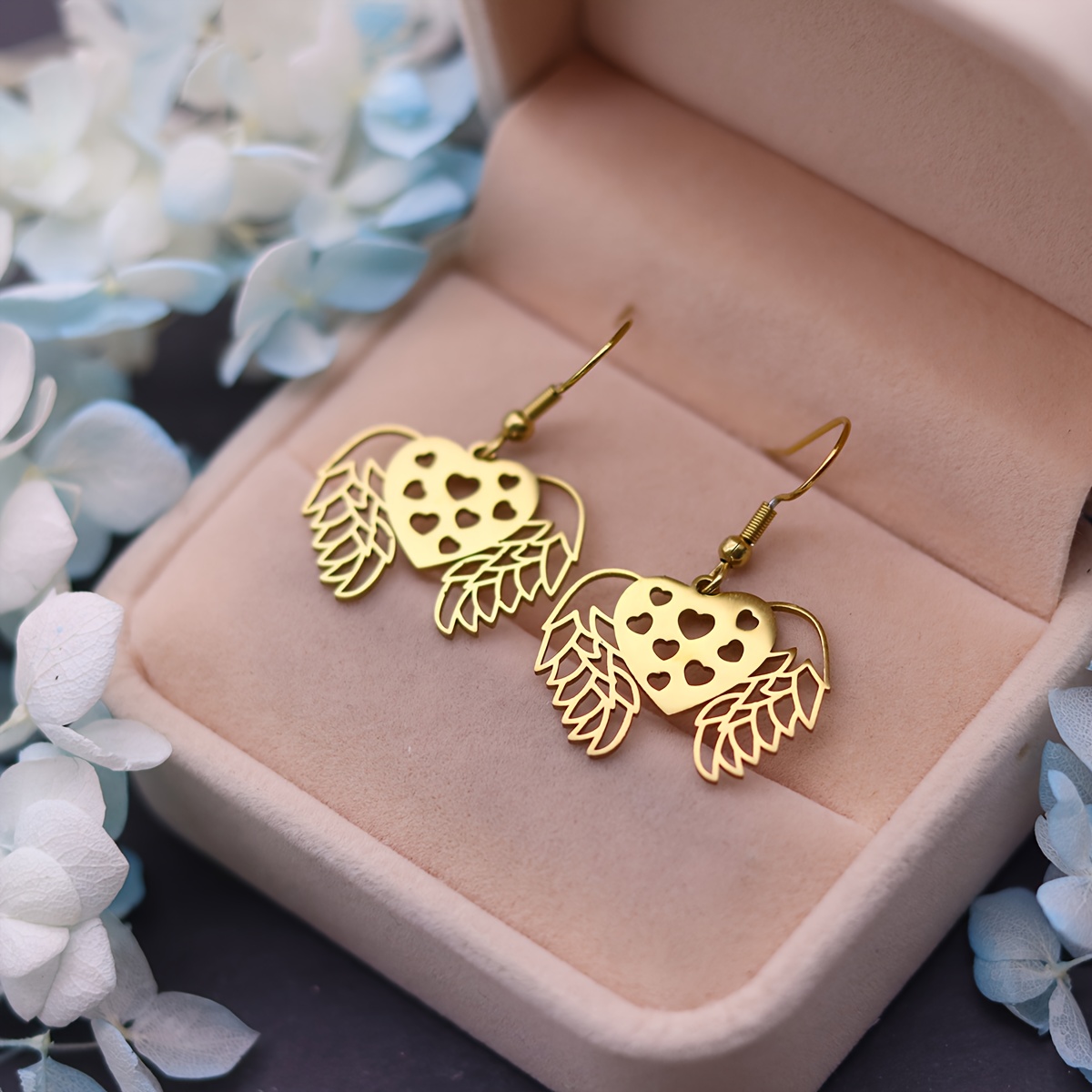 304 Stainless Steel Hollow Heart-Shaped Wing Earrings, Punk Style