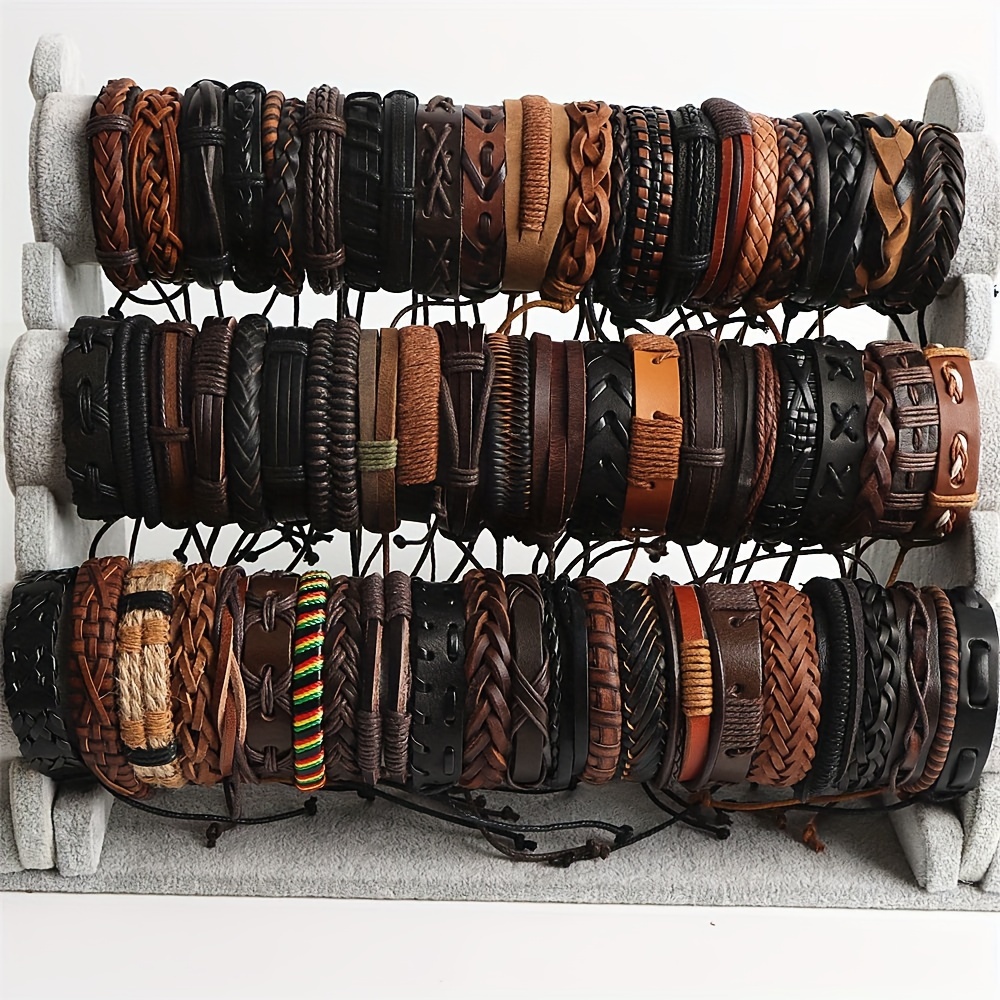 TEMU 10pcs/set For Men Woven Pu Leather Bracelets