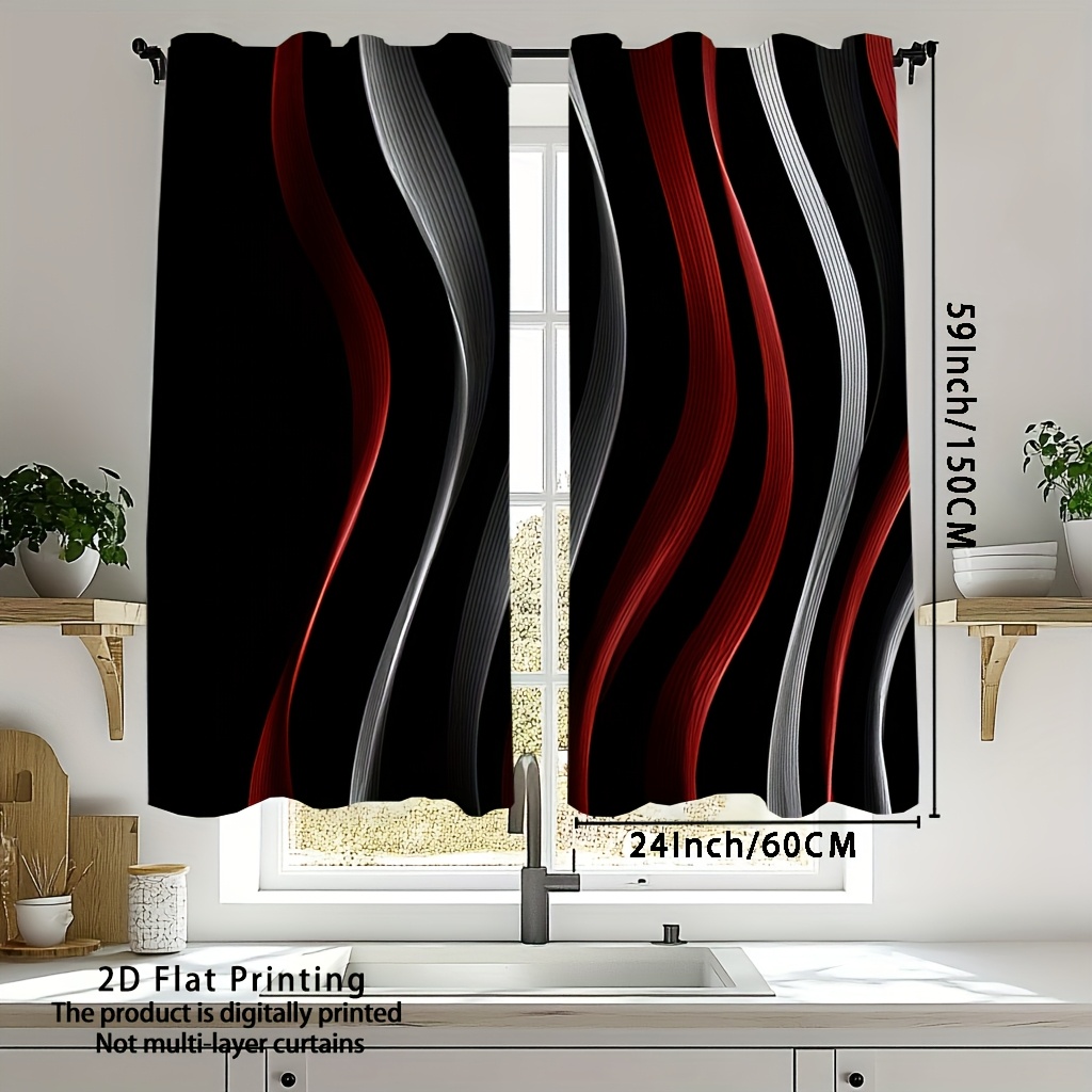 TEMU 2d Flat, 2pcs, 2d Flat Printing Red And Grey And Black Striped Blackout Curtains, Back Door Curtains For Inside House, Curtains For Doors,