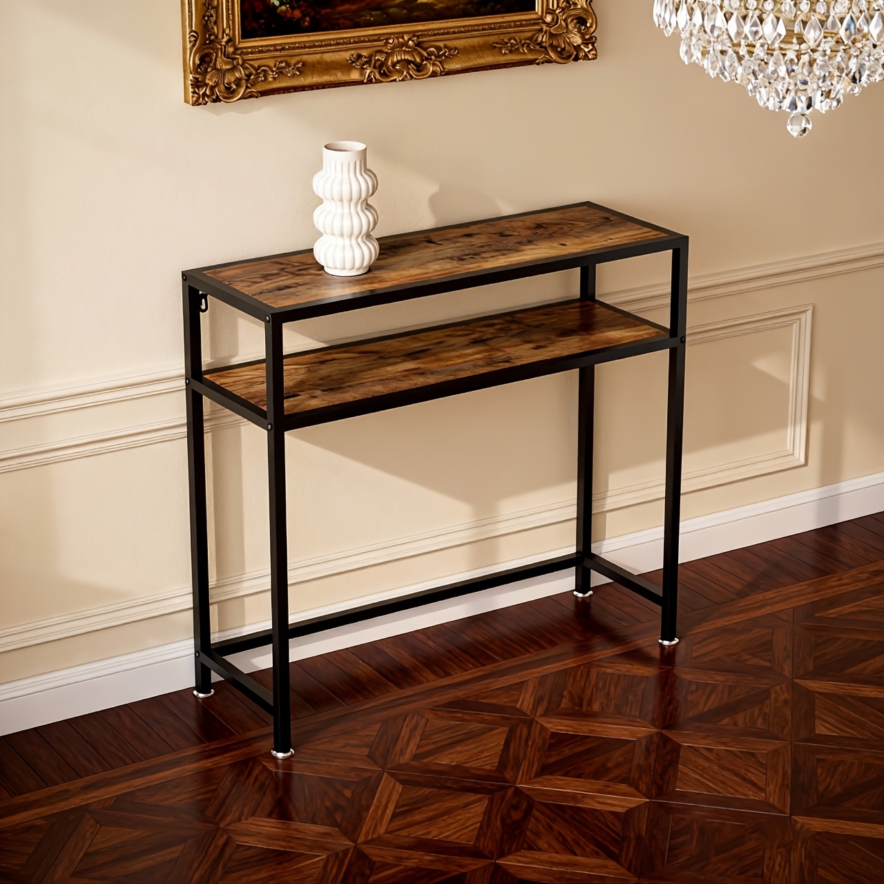 Mesa de Entrada Estrecha Jeenwur/Mesa Consola - Mesa Moderna de Ahorro de Espacio con Tapa de Madera de Pino y Estructura Robusta de Metal, Fácil Montaje, Adecuada para Pasillo, Sala de Estar, Entrada - Pequeño Soporte para TV, Mesa de Exhibición (80.01cm/80.49cm/27.0cm)