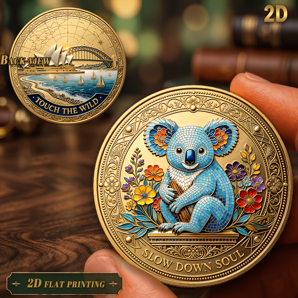 TEMU 1pc, 2d Koala And Nature Pattern Exquisite Collectible Coin, A Coin Showcasing Australia's Iconic Wildlife And Coastal Scenery. This Piece Full