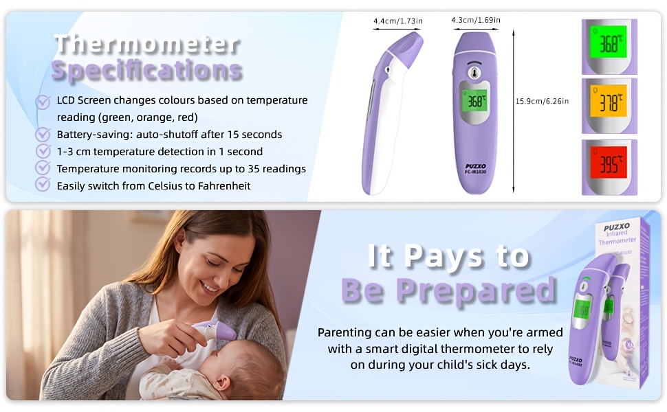 Puzxo Three-In-One Thermometer: Non-Contact Forehead/Ear Temperature/Object Temperature Measurement, Accurate Reading in 1 Second, Three-Color Backlight, LCD Screen Display And Memory Storage, Dual-Use at Home And Clinical, Comes with Battery