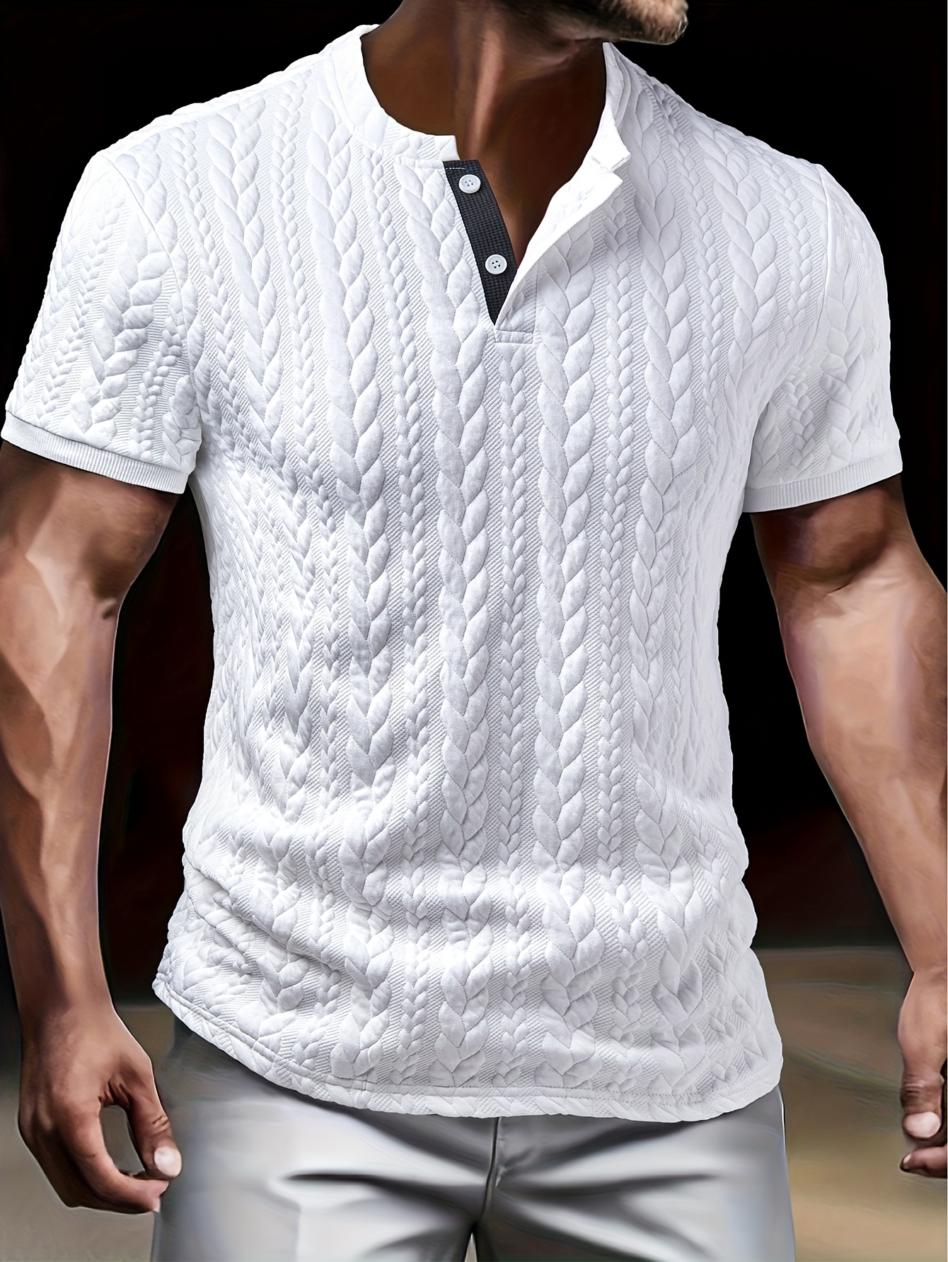 camisa henley masculina de verão com   jacquard em bloco de cores -    , abotoada, lavável à máquina,   com   de   e punhos pretos,   diário | design de   de cor | camiseta de tecido   detalhes 0