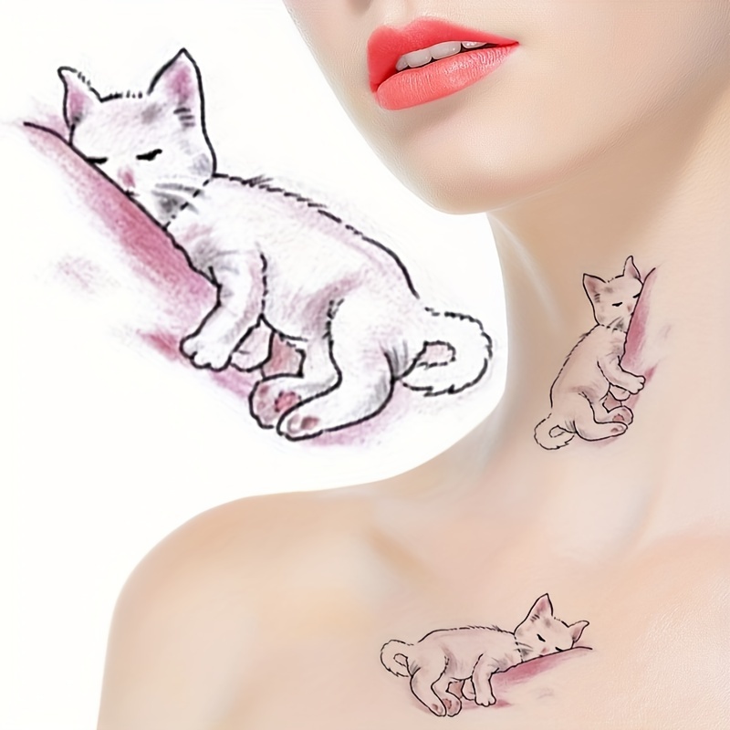 

Sleeping Cat Temporary Tattoo Stickers, Oblong Shape, Cute Kitty Fake Tattoo Transfer, Waterproof And Long-lasting, 1 Sheet