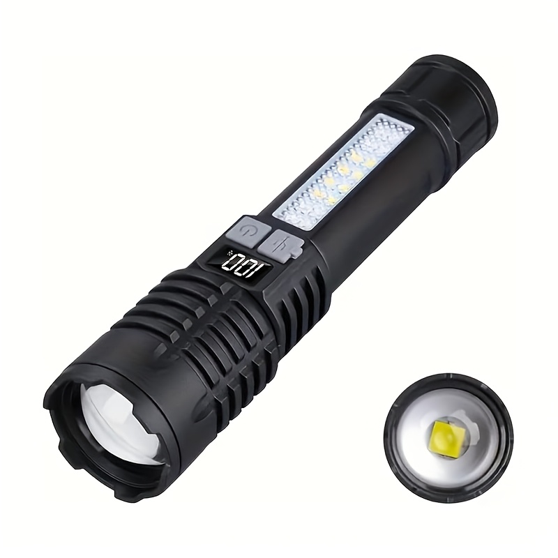 TEMU Beam, Led Flashlight With Digital Display, And Side Cob Light For Camping, Hiking, And Emergency , Featuring Rechargeable Battery And