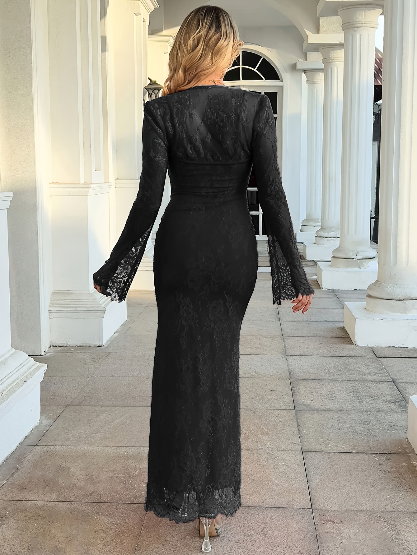 Women'*-Piece Black Contrast Lace Dress Set, Long Sleeve with Thin Straps,  Elegant Party Outfit