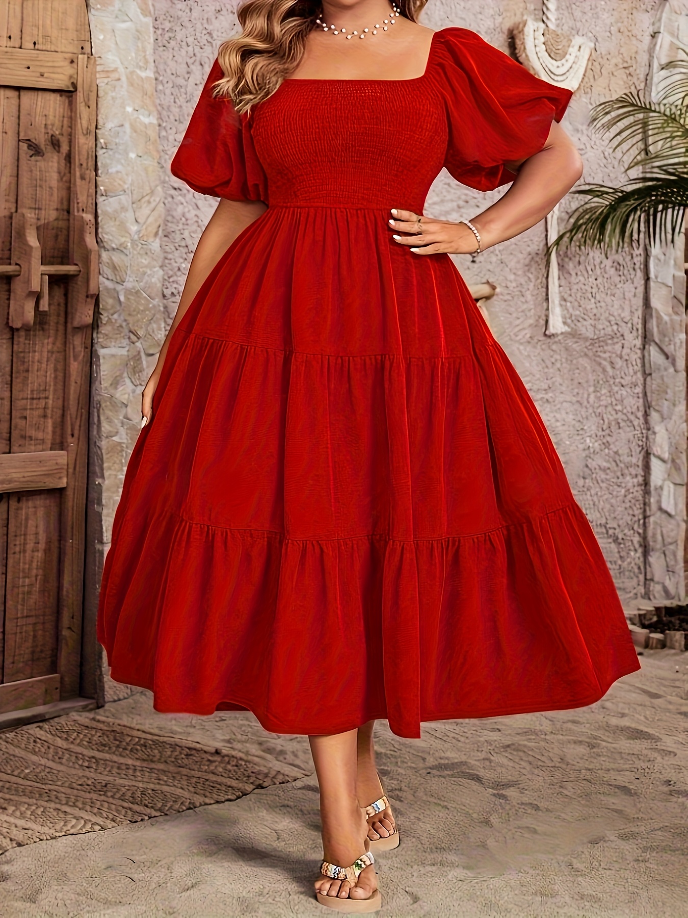 open lace back dress Plus Size 3/4 Bishop Sleeves Flare Midi Dress with Belt Zipper Back