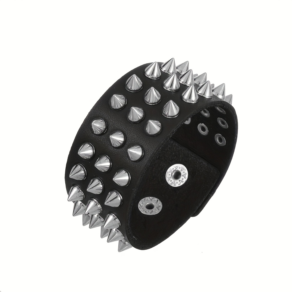 Image of New Arrival Men's Trendy Rock Punk Black Genuine Leather Spiked Wristband Cosplay Wrist Strap
