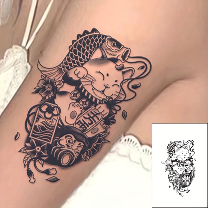Compatible For Temporary Tattoo - Koi Fish & Cat Realistic Fake Body Suitable For Arm, Non-reflective Waterproof Permanent For Shortattoos, Application For