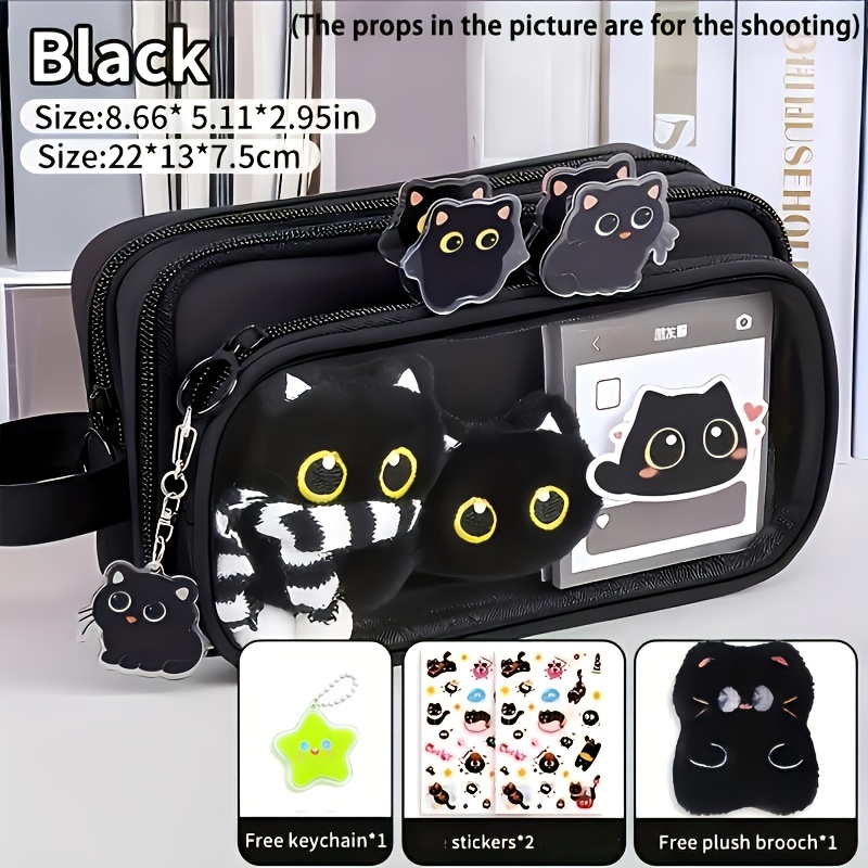 Image of Upgraded Cute Black Cat Detachable Pencil Case — 10-layer Large Capacity Pen Pouch, Includes Keychain, Stickers, And Plush Pin Office Supplies, Back-to-school Essential