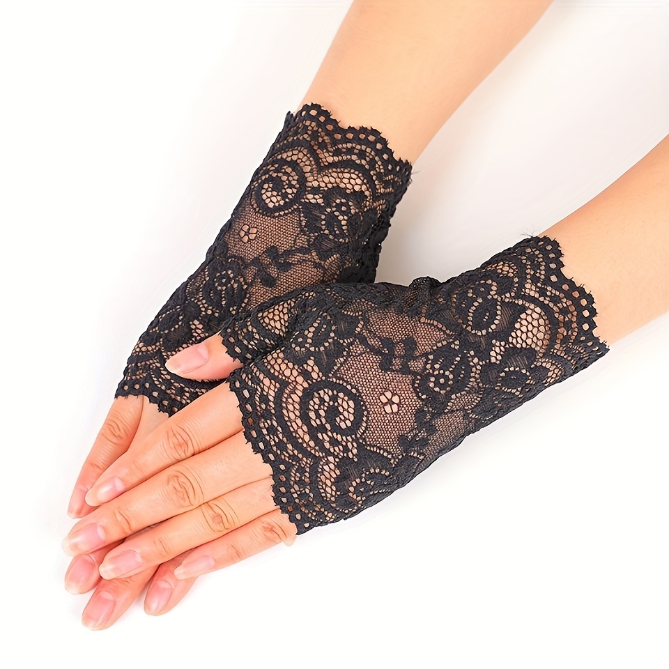 Image of Women's Elegant Lace Half-finger Gloves - Semi-fingerless, , Black Floral Pattern, For Outdoor Activities, Laceup Gloves