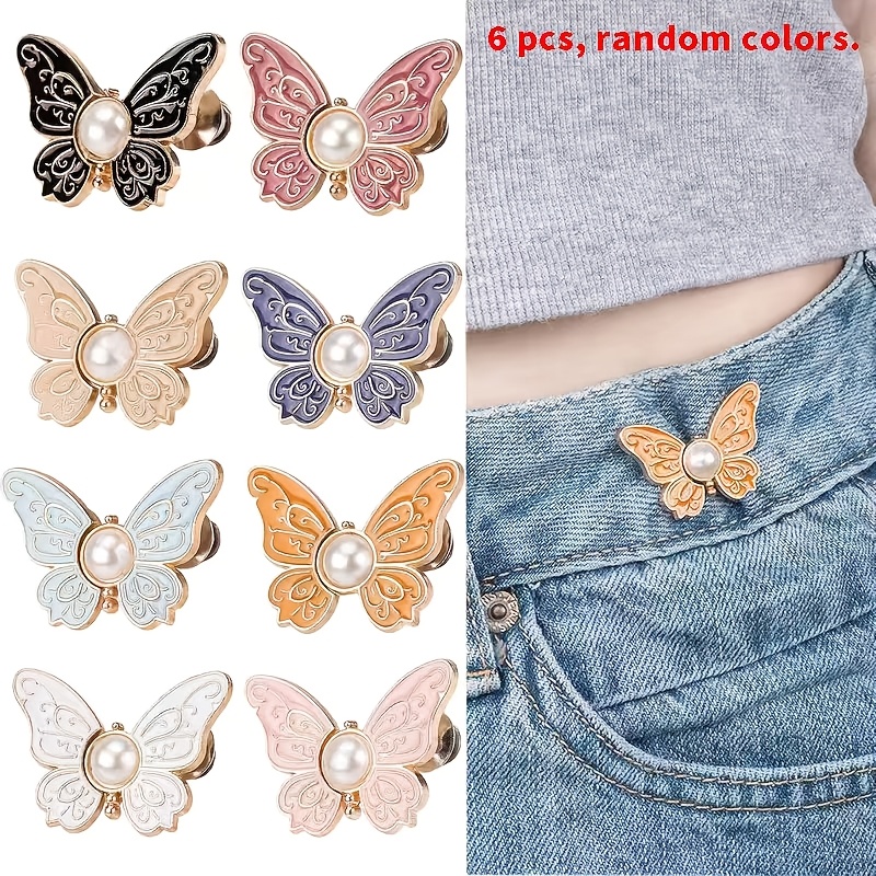 TEMU 6pcs Random Color Tight Pants Buckle Set, Detachable Bow Buckle Denim Pants Elastic Waist Adjustment Buckle, Seamless Decorative Bow, Denim