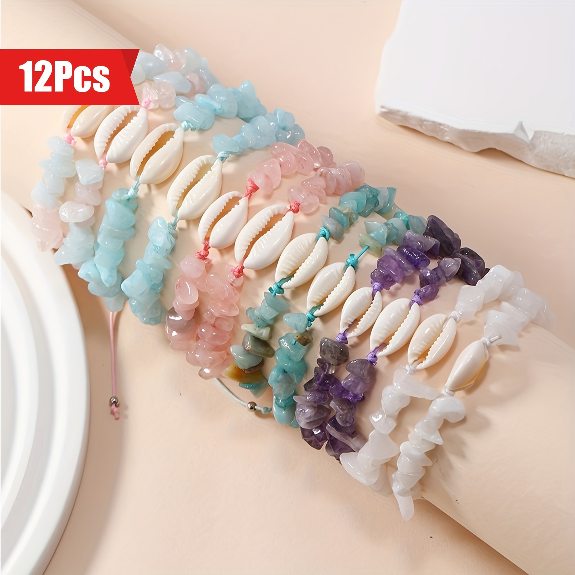 

New European And Hand-woven Bracelets, Natural Gravel, White Shell Bracelets, Popular 12pcs Set