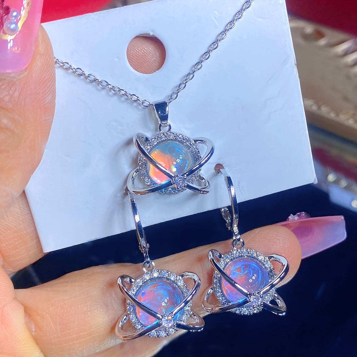 3pcs Dreamy Planet Starry Sky Necklace and Earrings Set