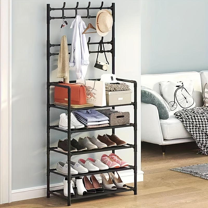 

5 Layer Sturdy Coat Rack - Multipurpose Hanger & Shoe Shelf - Space-saving, Design In Black