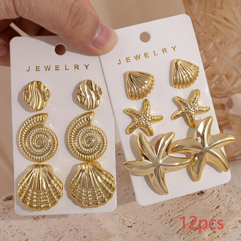 TEMU 3/6 Paires de boucles d'oreilles tendance style vacances d'été, motif étoile de mer, , , boucles d'oreilles , usage , matériau léger CCB, pour
