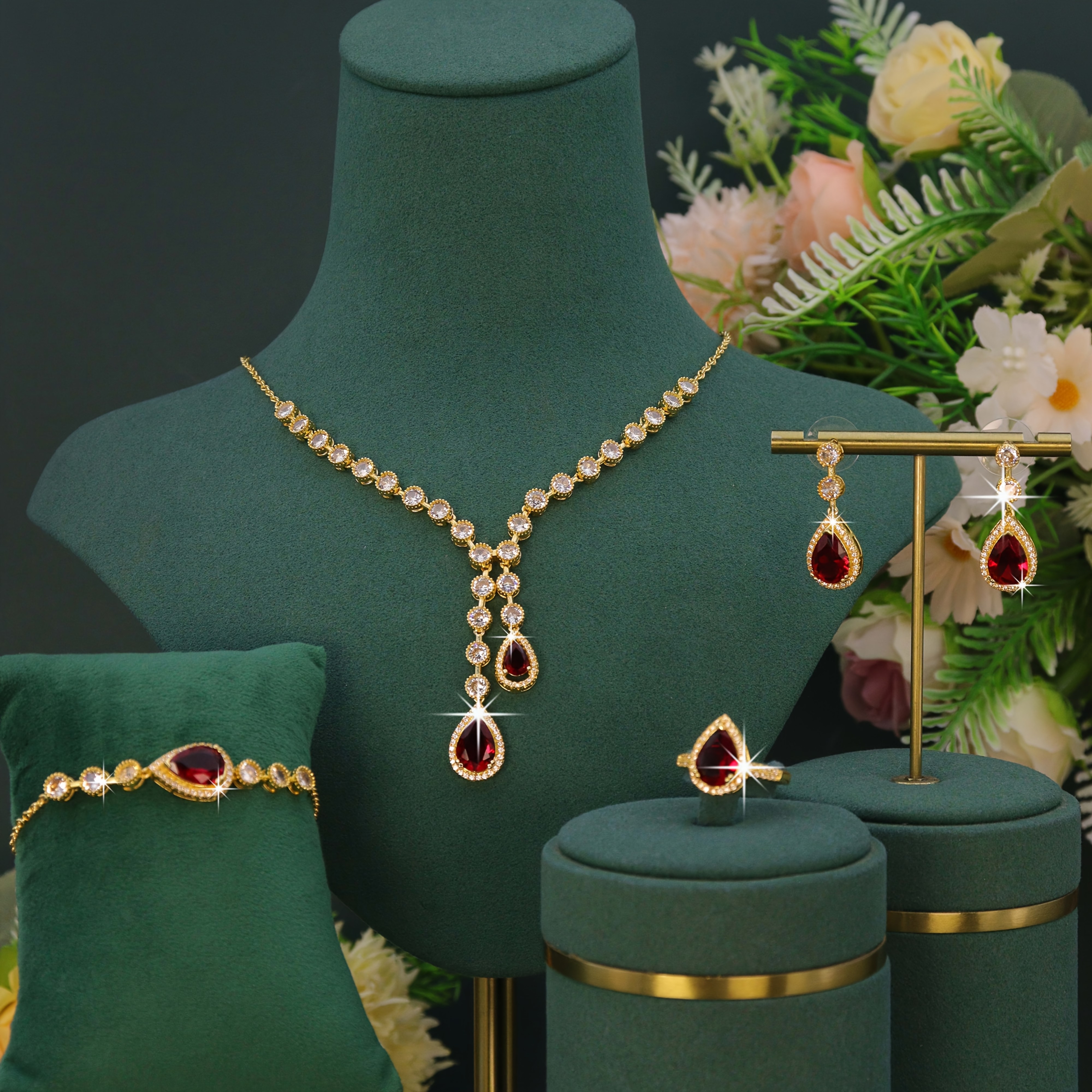 TEMU Light Droplet Fringe 4pcs Set Handmade Inlaid Cubic Zirconia Necklace Bracelet Earrings Ring Suitable For Weddings, Banquets, Parties, And Other