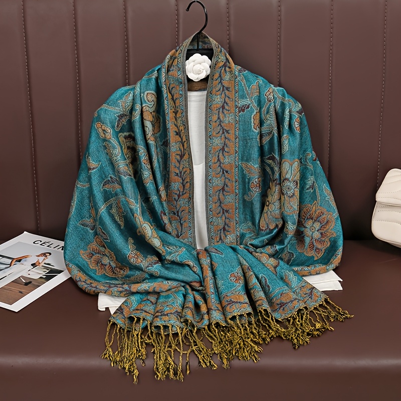 TEMU 1pc Luxury Paisley Jacquard Scarf With Fringe - Vintage Bohemian Style, Polyester, Machine Washable, Elegant Women's Windproof Shawl, Scarf,