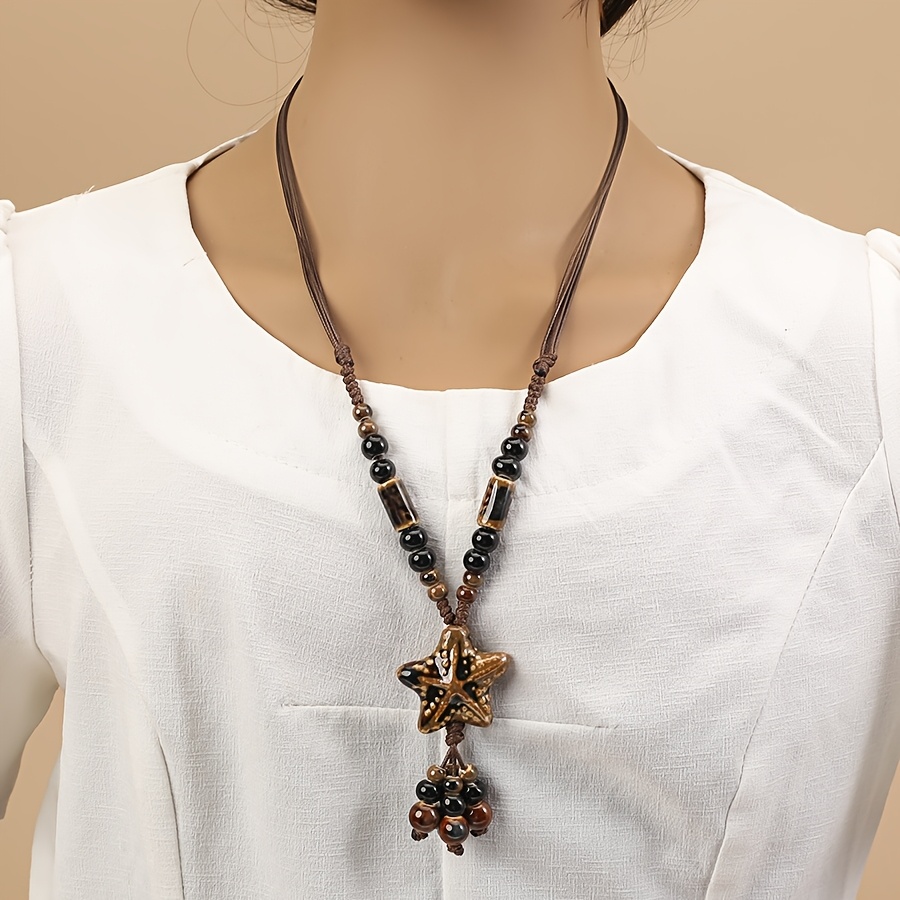 Boho Starfish Necklace with Brown Cord & Tassel Charms