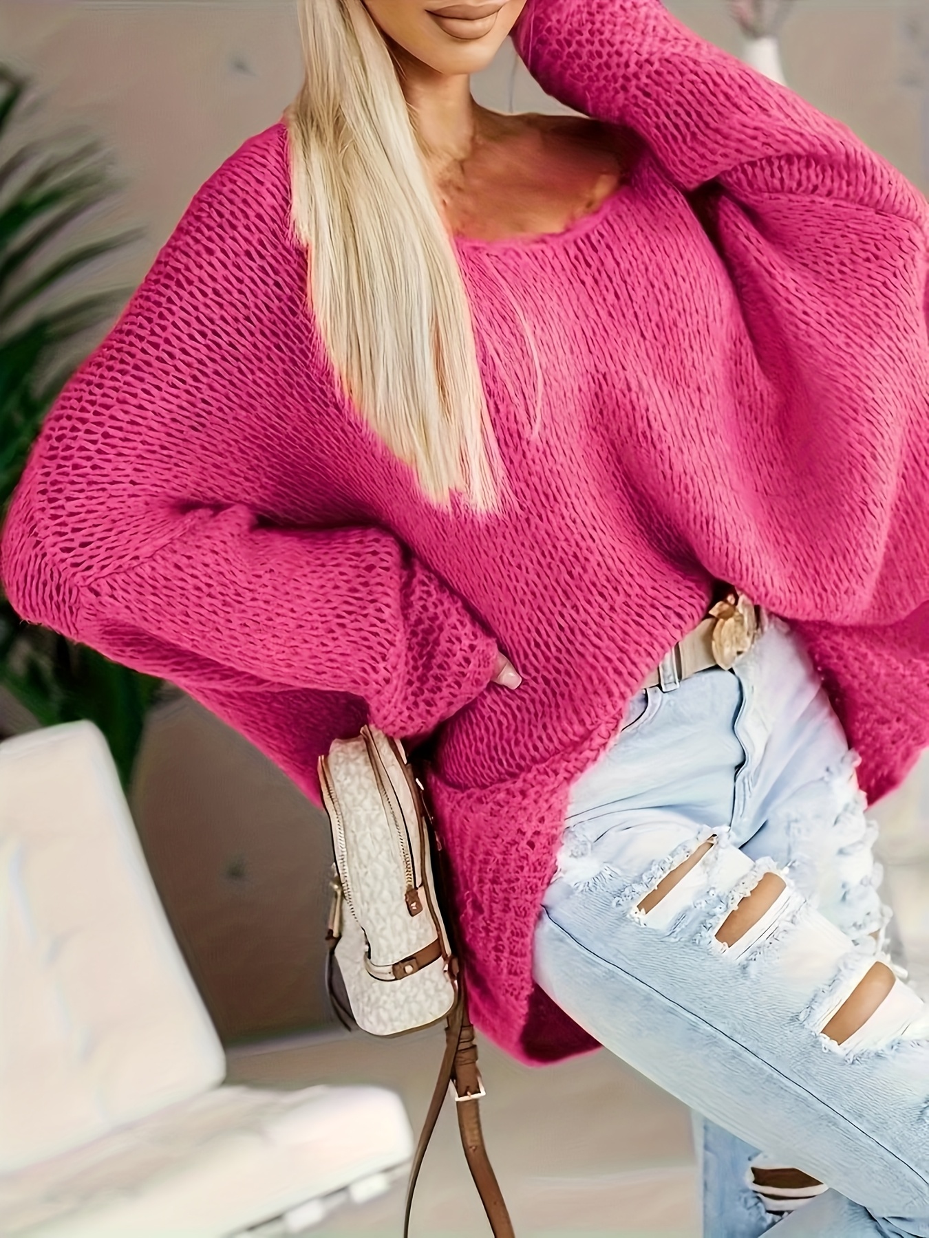 Plus-Size Damen V-Ausschnitt Off-Shoulder Pullover Eleganter  Weithals-Pullover in Unifarben, Maschinenwaschbar für Herbst und  Wintermode, Casual F