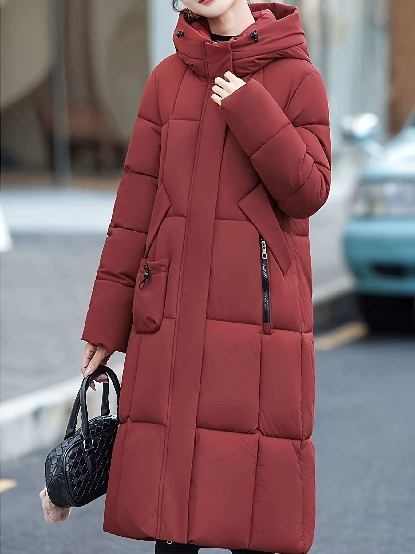 Women's Burgundy Long Hooded Quilted Coat