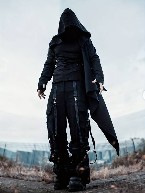 mens black gothic asymmetric hooded trench coat edgy cyberpunk long hooded outerwear stylish versatile for cosplay urban streetwear dark fashion events gifts for men