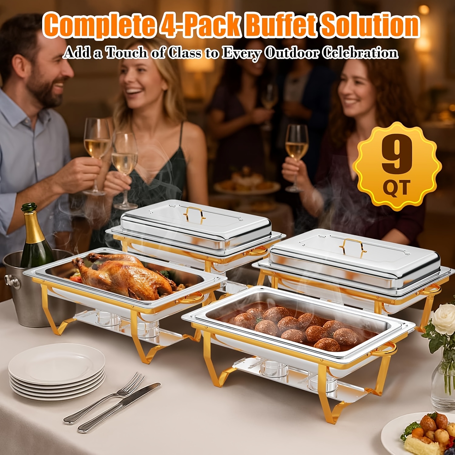 4 Packs Golden Chafing Dish Buffet Set, 9qt Chafing Dishes For Buffet, Chafers And Buffet Warmers Sets For Wedding, Rolled-, Cooking