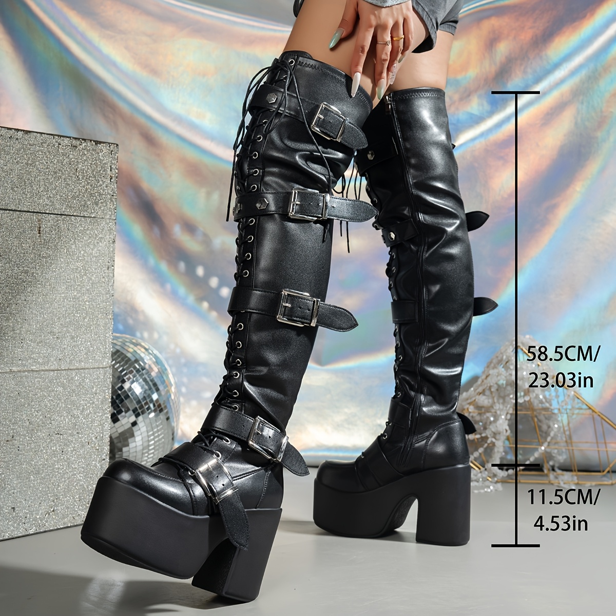 y2k gothic style lace knee thick soled womens boots black - Temu